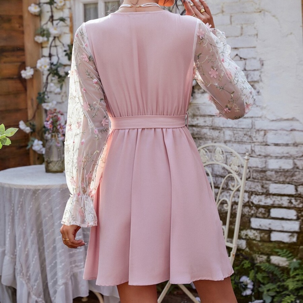 Boho Pink Floral Embroidered Sheer Sleeve Dress - Picture 4 of 5